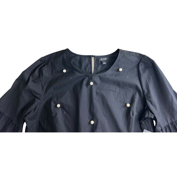 ANA Black Pearl Blouse Sz Large Flounce 3/4 Sleeves Versatile Minimalist Top NEW - Picture 3 of 7